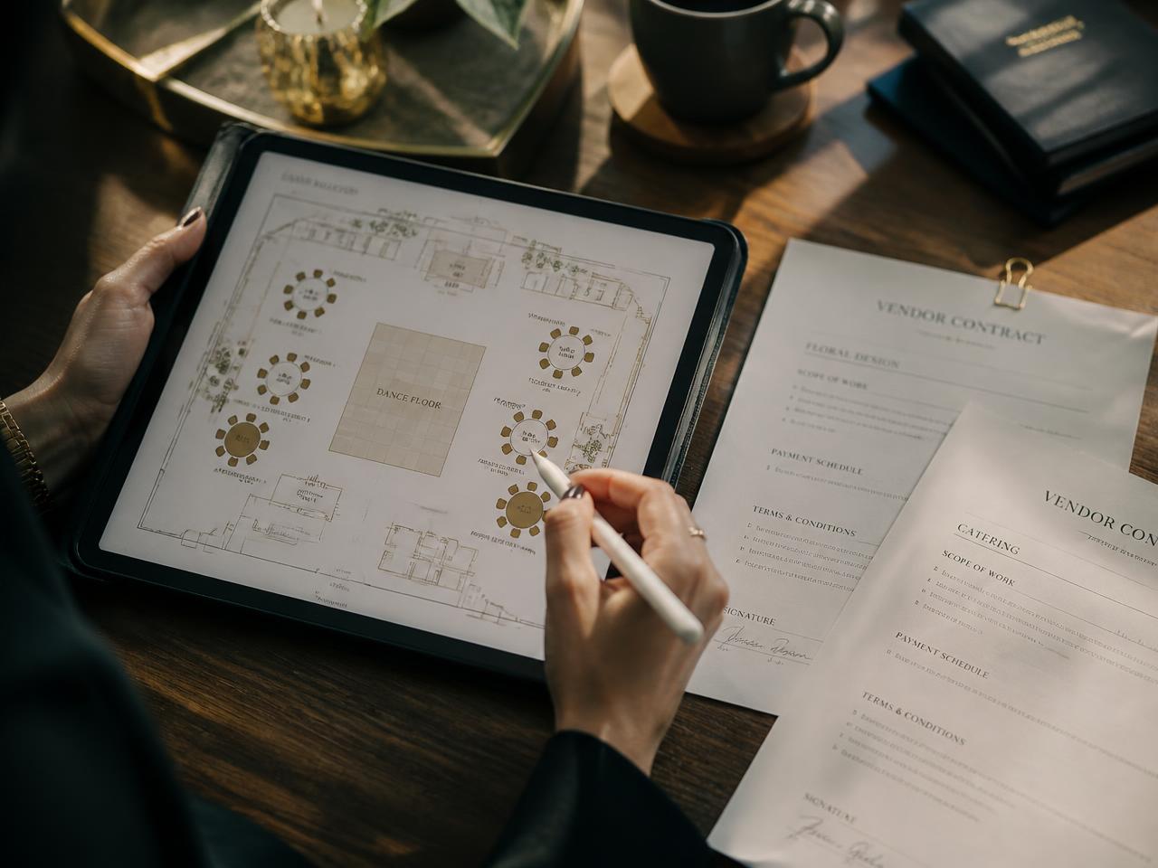 Hands reviewing an event floor plan on a tablet beside vendor contracts