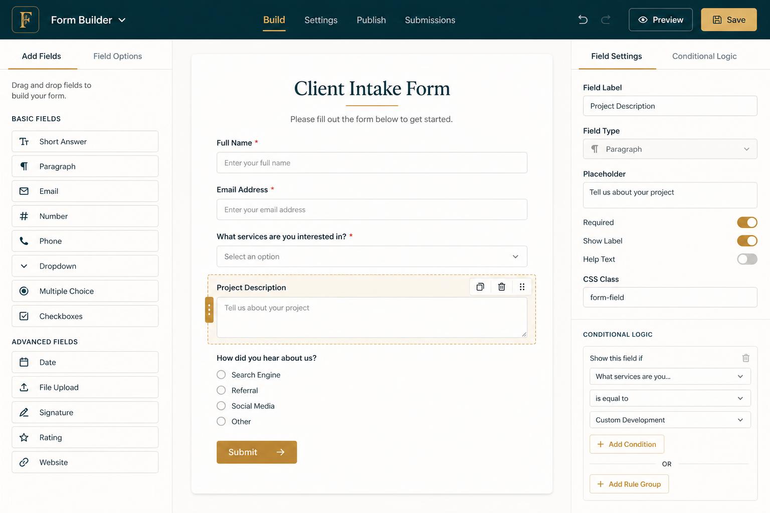 Online form builder interface being edited on a laptop