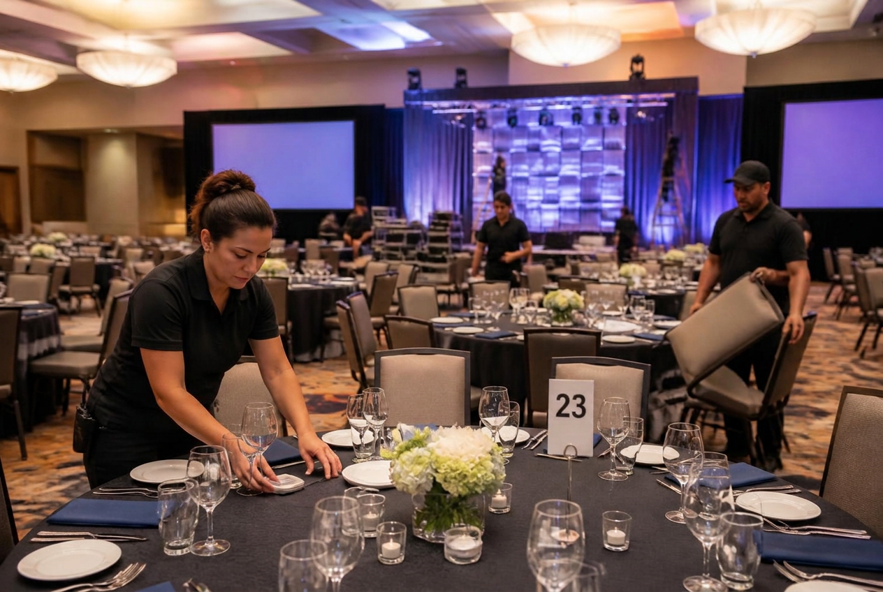 Crew setting banquet tables in a ballroom ahead of an event