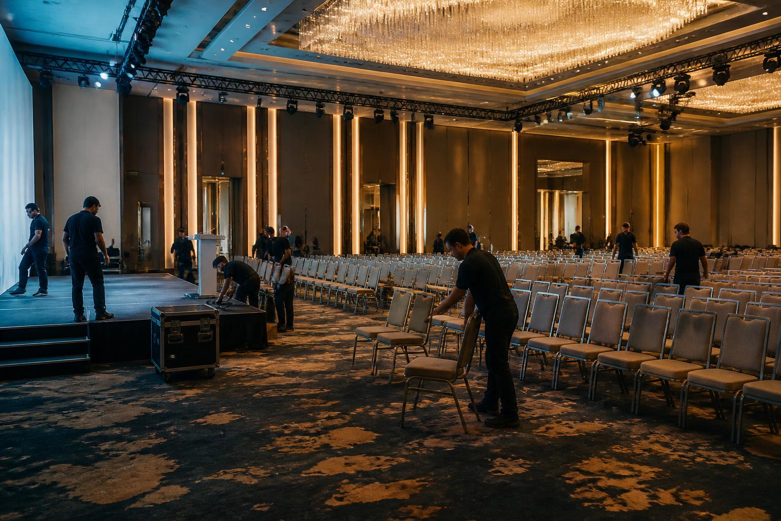 Event registration desk with badges being prepared