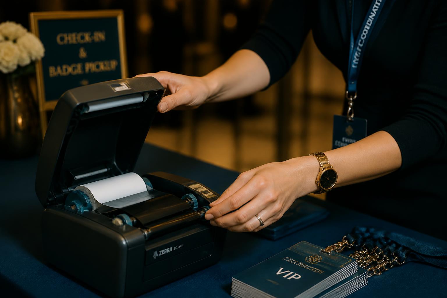 Event coordinator adjusting a badge printer at a check-in table