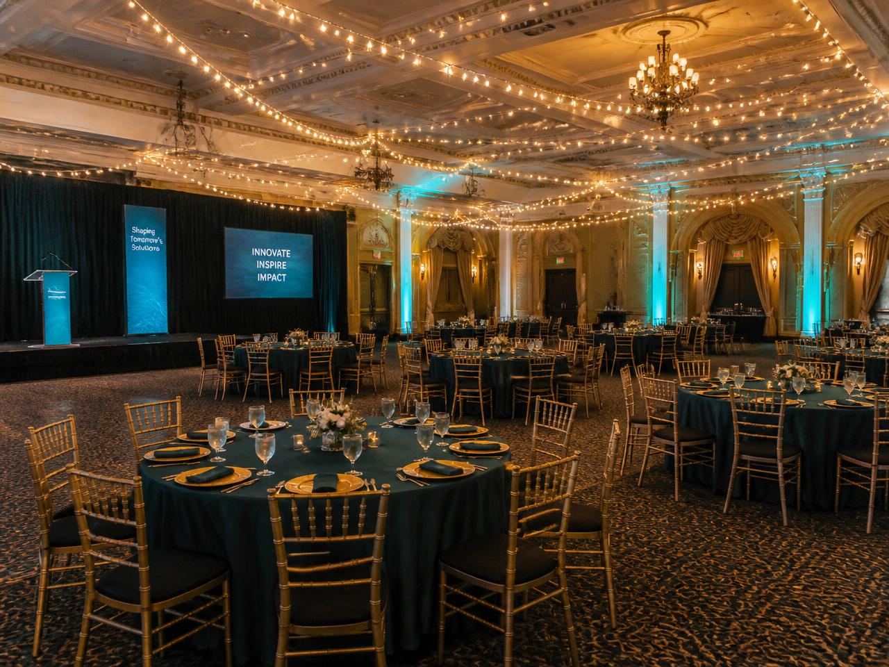 Elegant ballroom set for a corporate event under string lighting