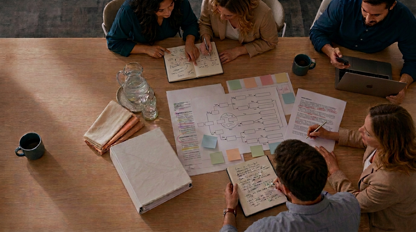 Overhead view of a diverse event-planning team working around a table with linens, laptops, contracts and planning documents