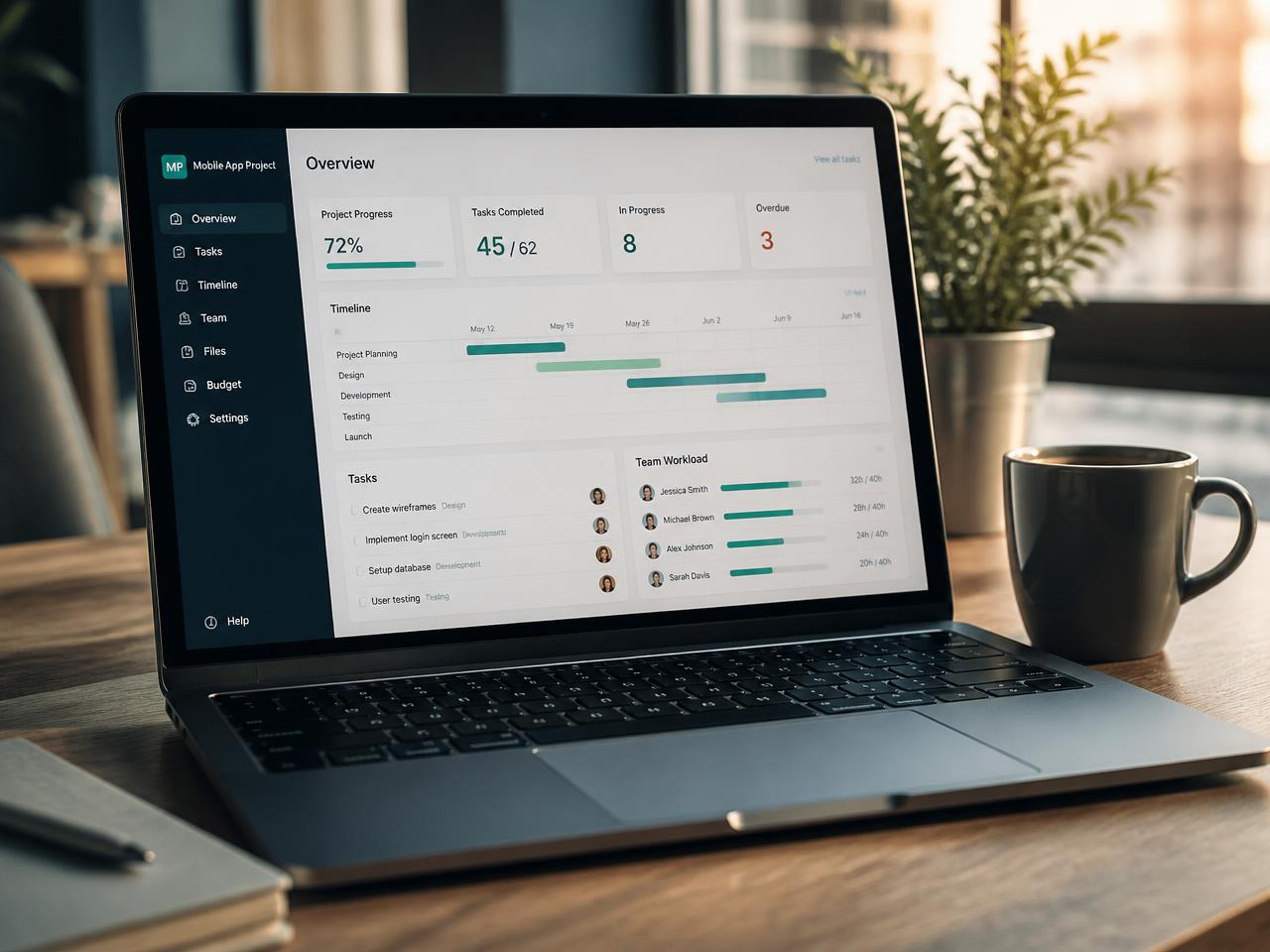 Laptop showing a project management dashboard on a desk in morning light
