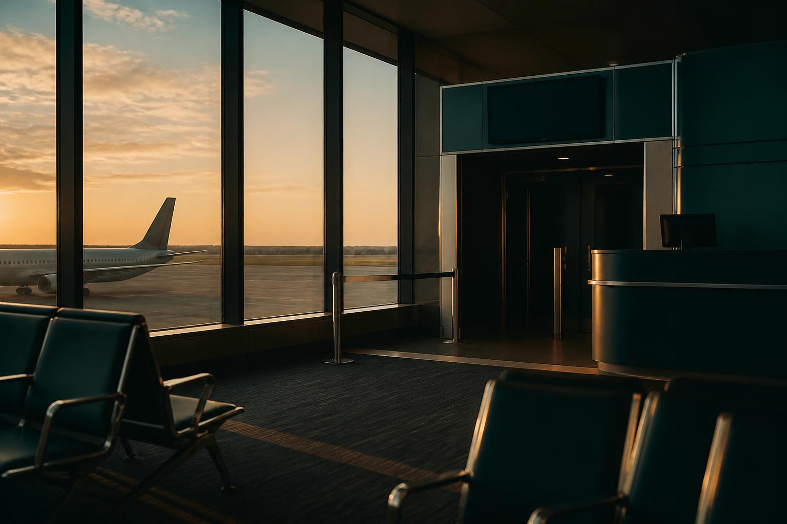 Travelers walking through a bright airport terminal
